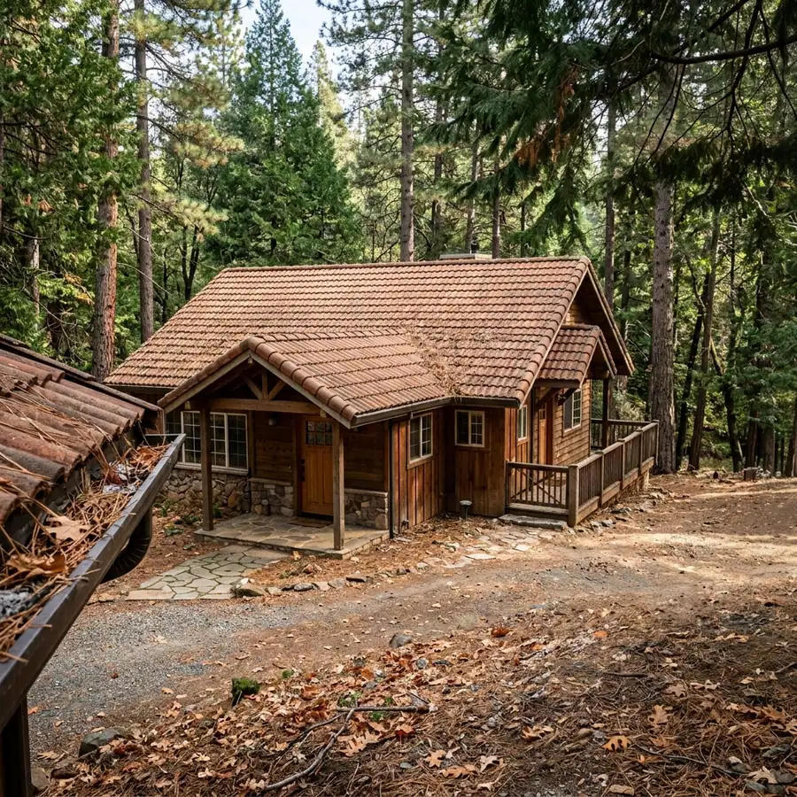 Auburn foothill home with a tile roof under dense ponderosa pine and cedar cover — gutter cleaning in Auburn