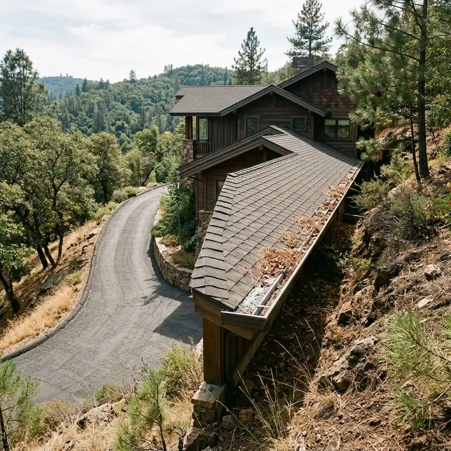 Steep hillside driveway and multi-level roofline on an Auburn foothill property — gutter cleaning in Auburn