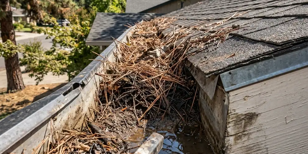 Long gutter run cleaned before commercial gutter cleaning Sacramento