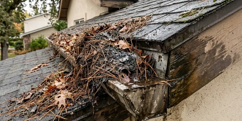 Packed pine needle mat hand-cleared before gutter cleaning in Auburn