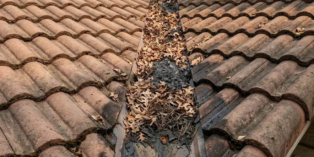 Tile roof valley cleared before gutter cleaning in Auburn