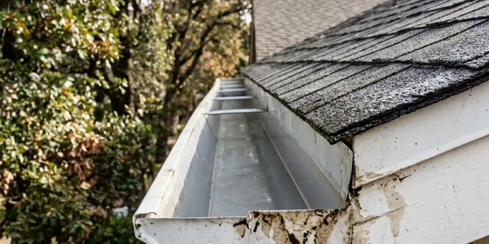 Shade-tree leaf load cleared before gutter cleaning in Davis