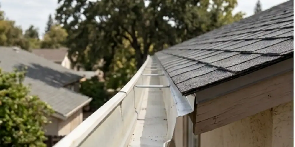 Almond and seed-pod debris removed after gutter cleaning in Davis