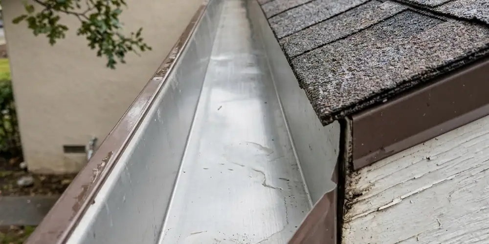 Almond and seed-pod debris removed before gutter cleaning in Davis