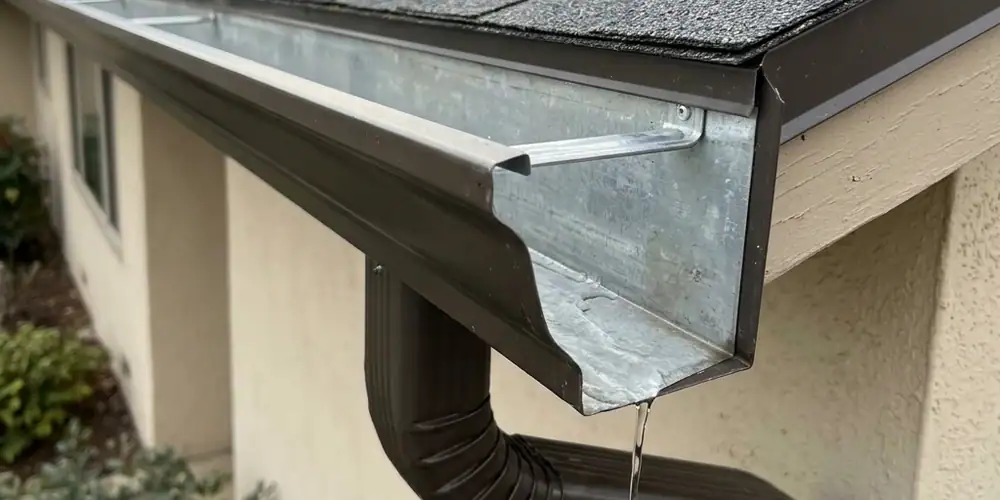 Packed downspout elbow after gutter cleaning in Elk Grove