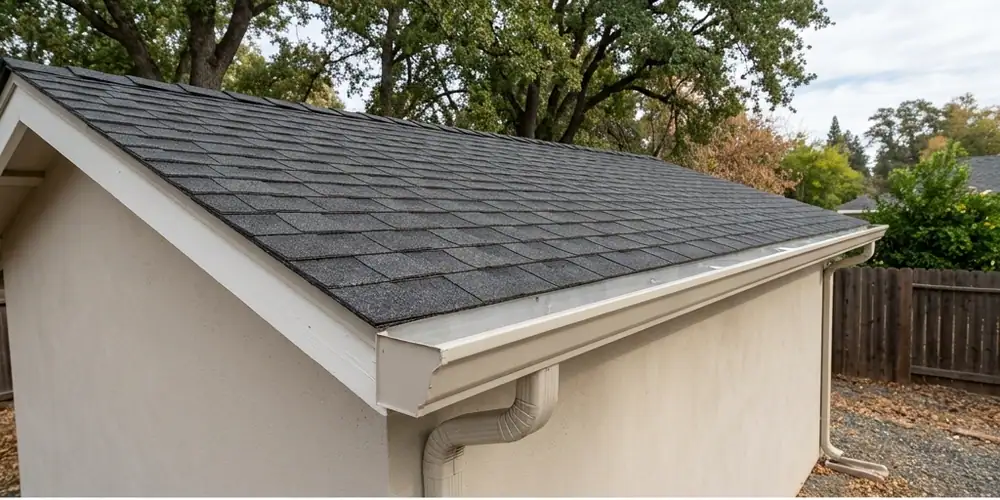 Outbuilding gutter cleared after gutter cleaning in Fair Oaks