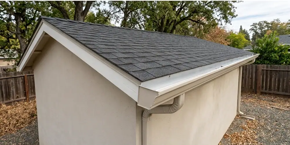 Outbuilding gutter cleared before gutter cleaning in Fair Oaks