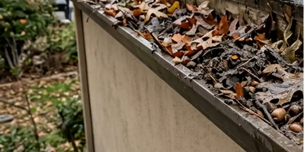 Compacted oak sludge cleared before gutter cleaning in Folsom