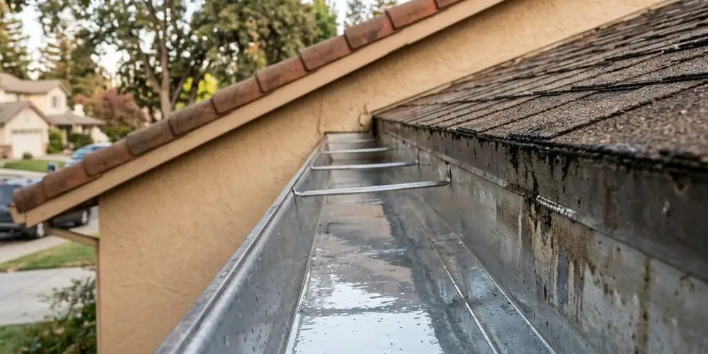 Roof grit and dust flushed before gutter cleaning in Lincoln