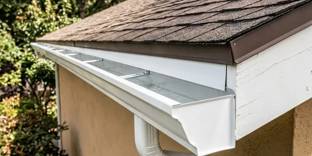 Sloped-lot downspout flushed before gutter cleaning in Orangevale