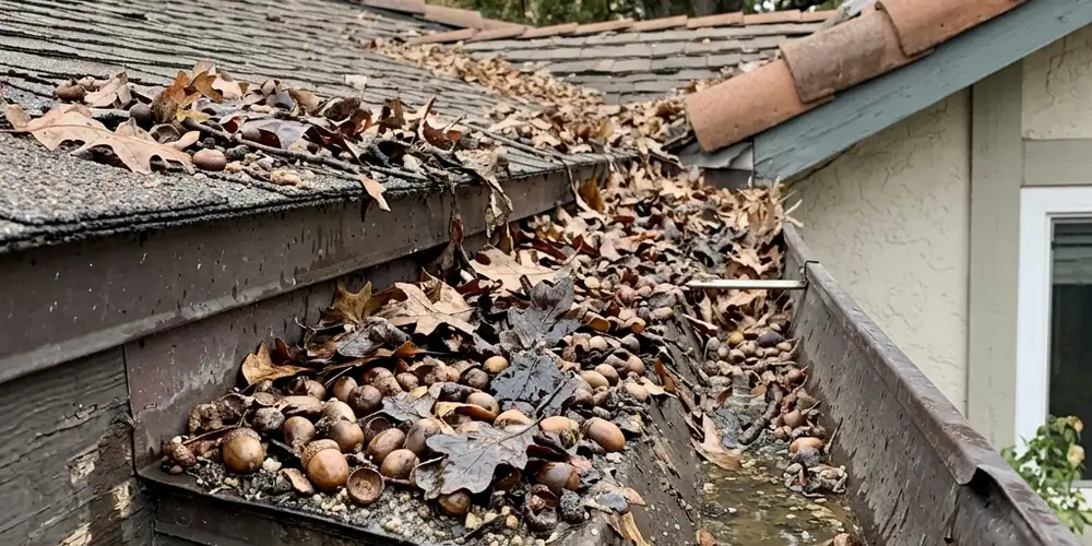 Acorn and catkin buildup before gutter cleaning in Rocklin