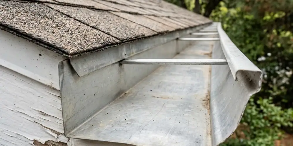 Oak leaf buildup cleared before gutter cleaning in Roseville