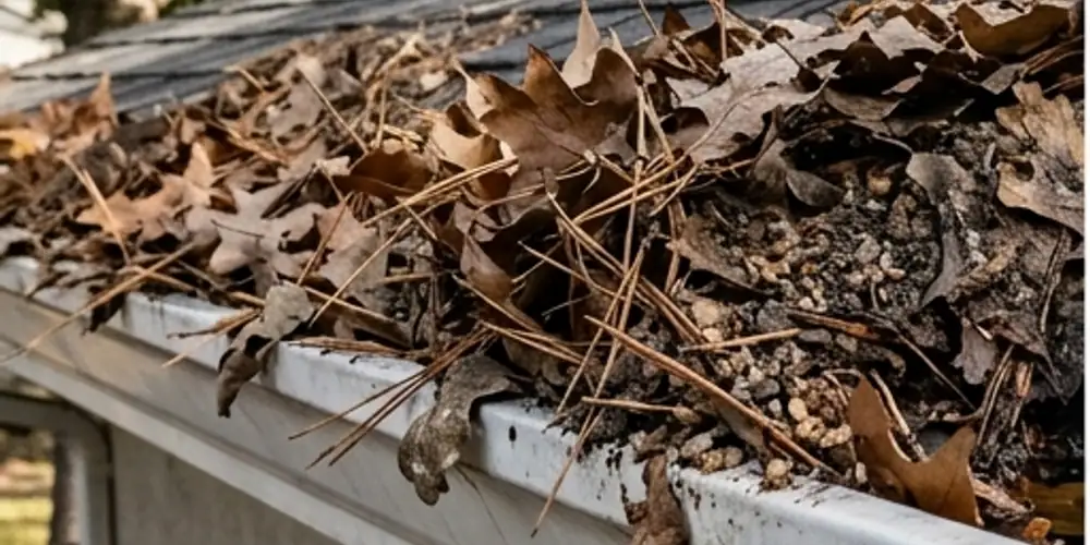 Pine needle mat removed before gutter cleaning in Roseville