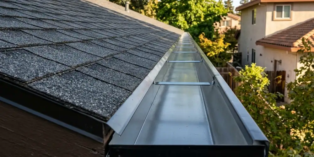 Packed summer debris mat cleared after gutter cleaning in West Sacramento