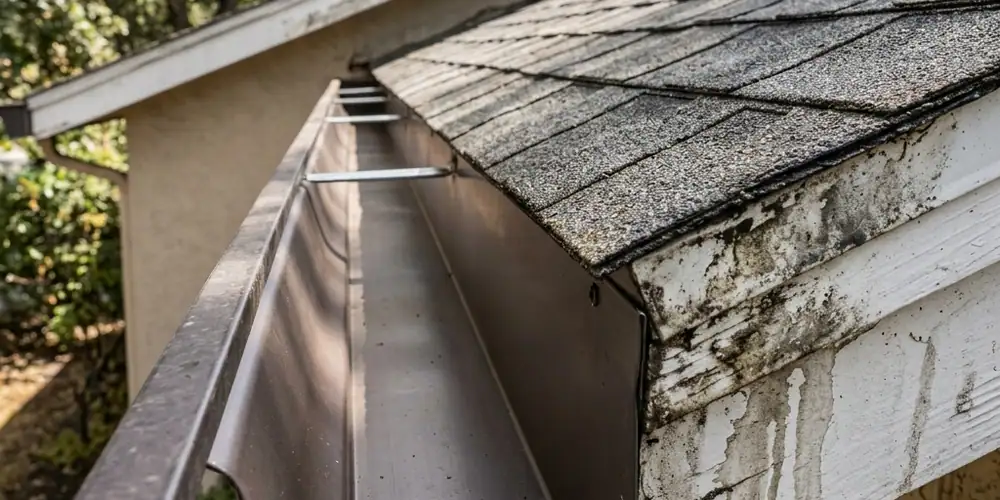Packed summer debris mat cleared before gutter cleaning in West Sacramento
