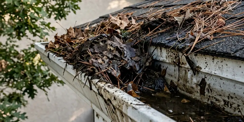 Gutter trough cleared before residential gutter cleaning Sacramento