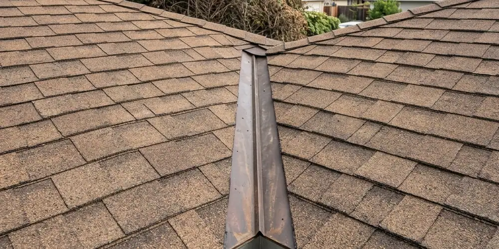 Roof valley cleared before roof and gutter cleaning Sacramento