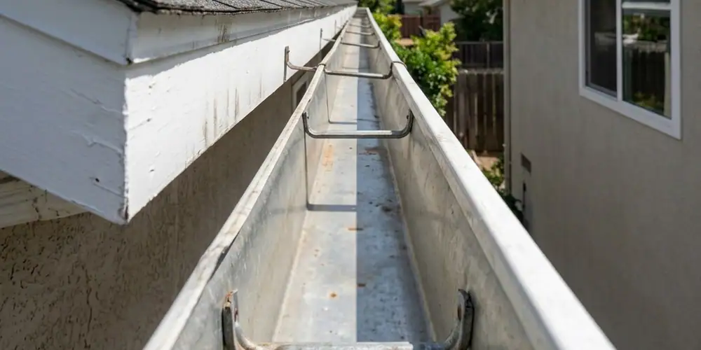 Roof-edge debris removed after roof and gutter cleaning Sacramento
