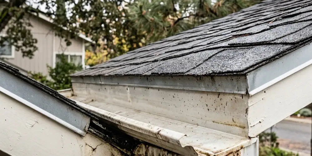 Roof-edge debris removed before roof and gutter cleaning Sacramento