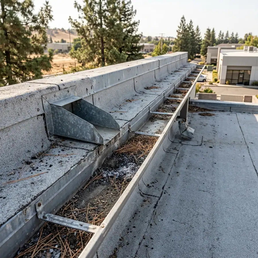 Commercial low-slope roof with clear gutters and roof drains