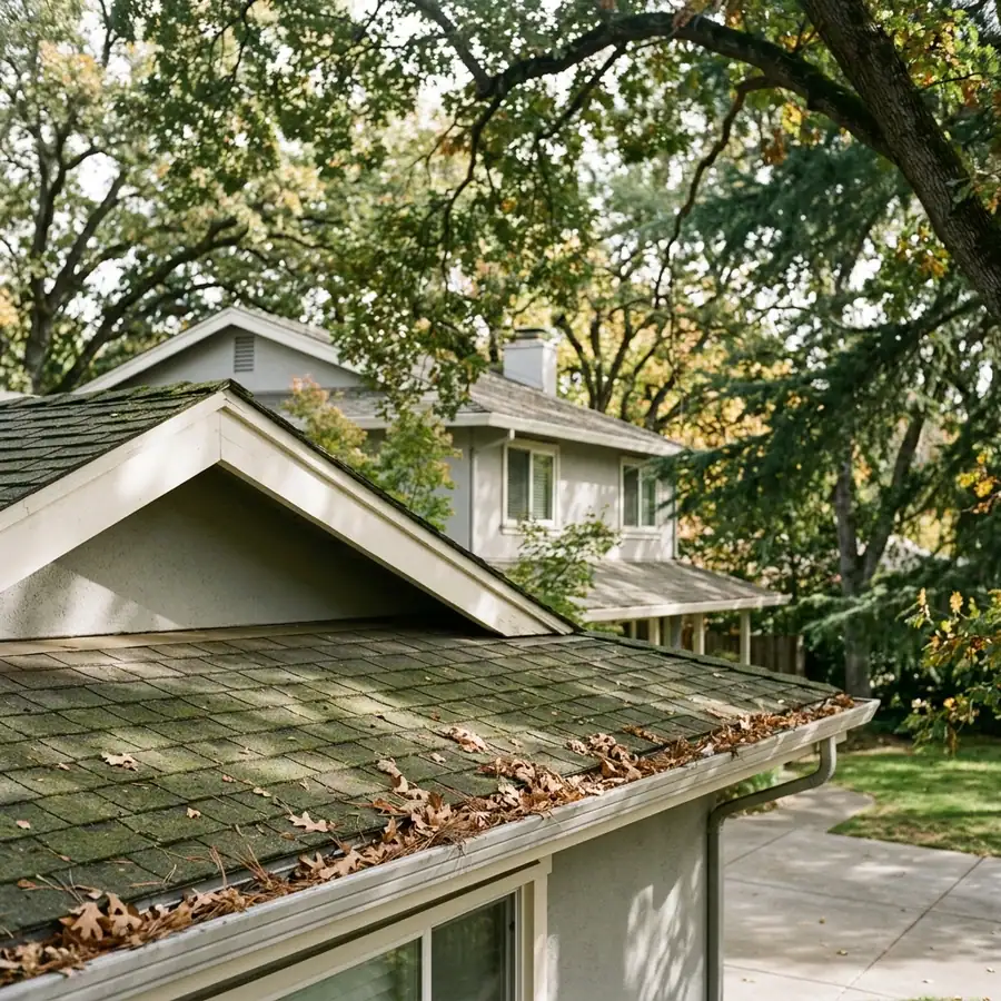 Davis home under mature shade tree canopy — gutter cleaning in Davis