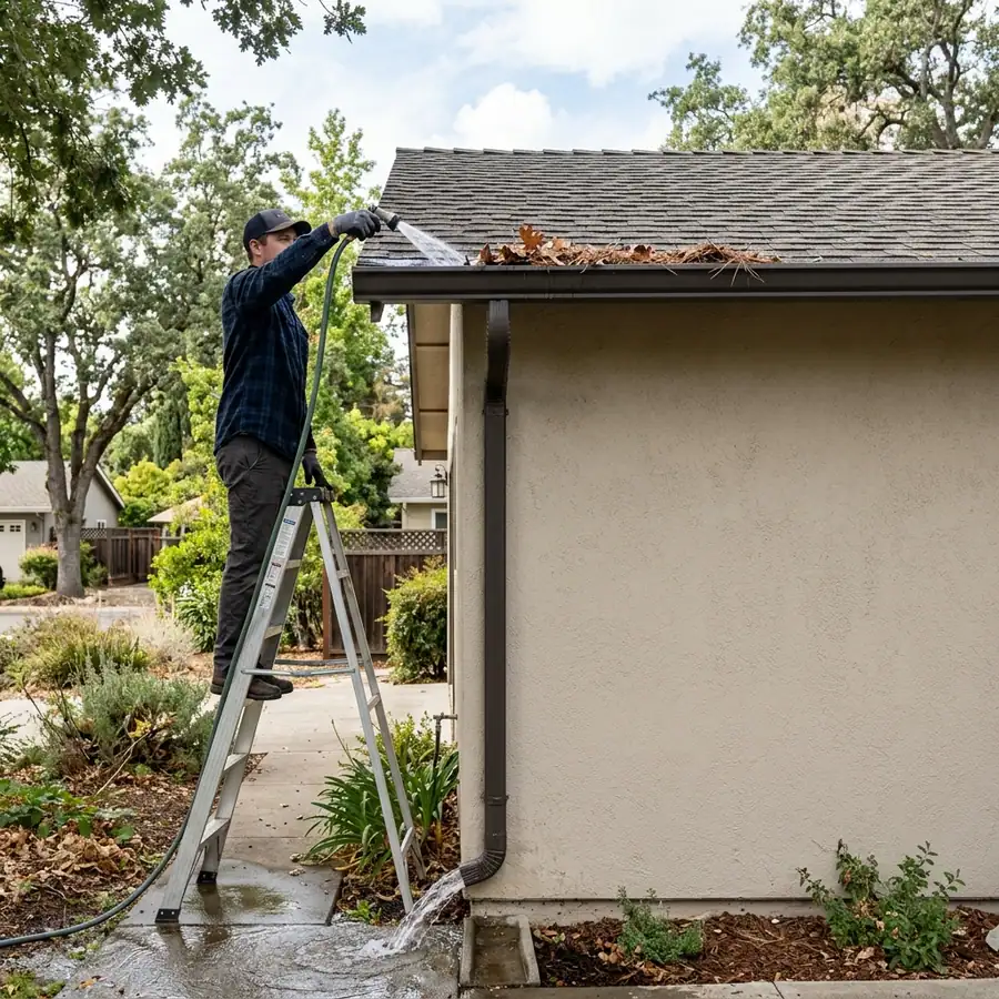 Downspout being flushed and flow-tested on a Sacramento home