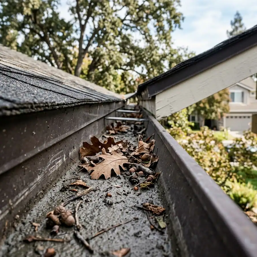 Fine grey sediment lining the bottom of an Elk Grove gutter