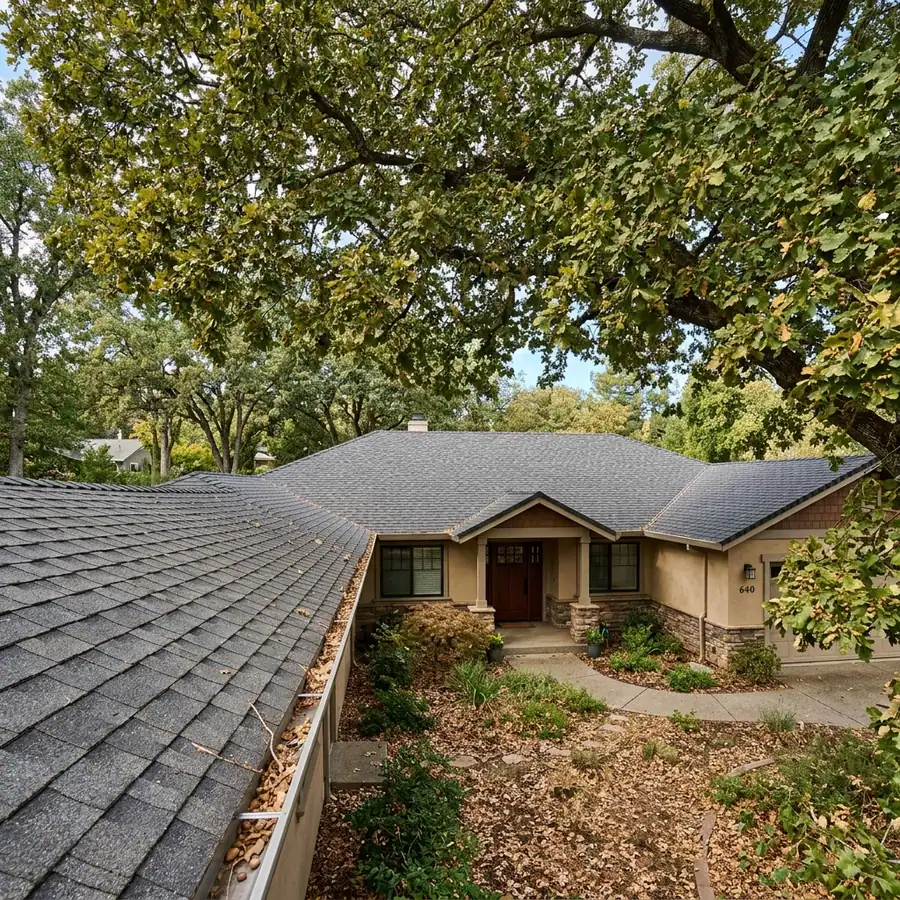 Folsom home near the lake with mature oak canopy — gutter cleaning in Folsom