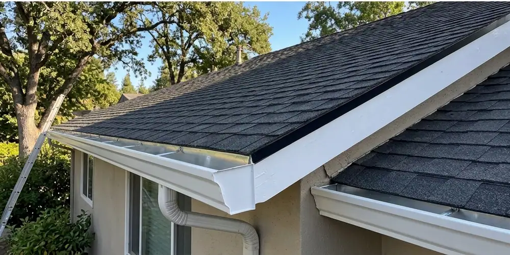 Carmichael roofline after cleaning and fascia section repair after gutter cleaning Sacramento