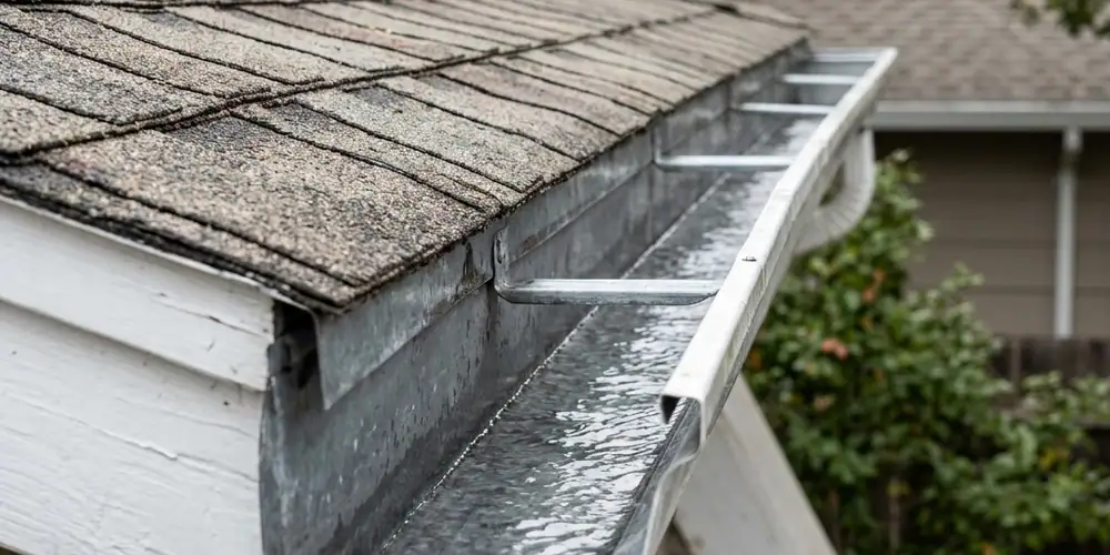 East Sacramento gutter fully cleared and flowing after gutter cleaning Sacramento