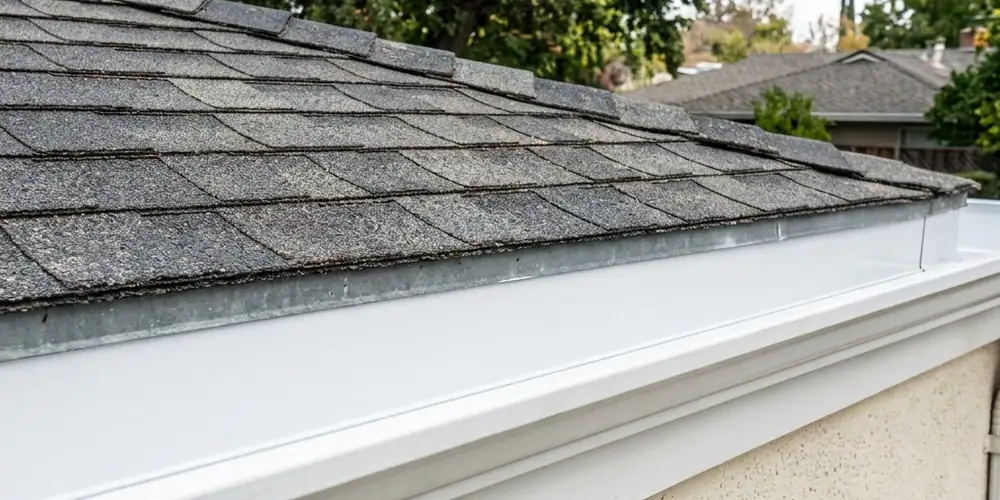 Clogged gutter packed with matted oak leaves in East Sacramento before gutter cleaning Sacramento