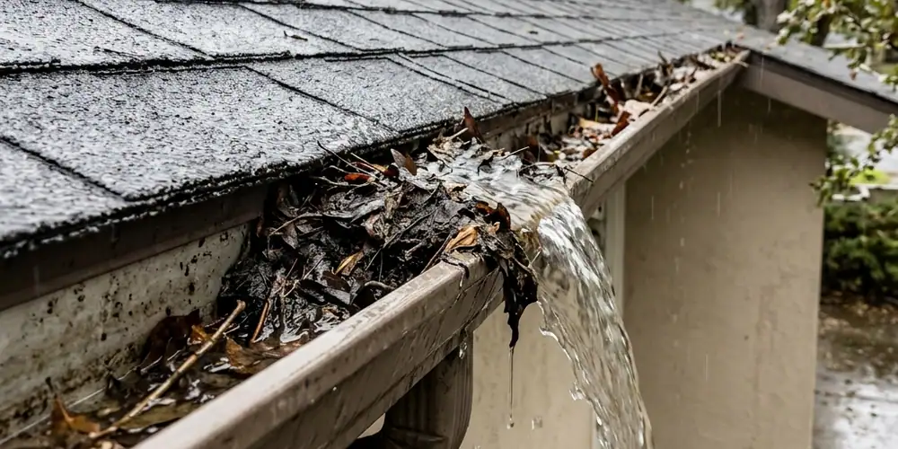 Sagging gutter section under heavy oak canopy in Fair Oaks before gutter cleaning Sacramento