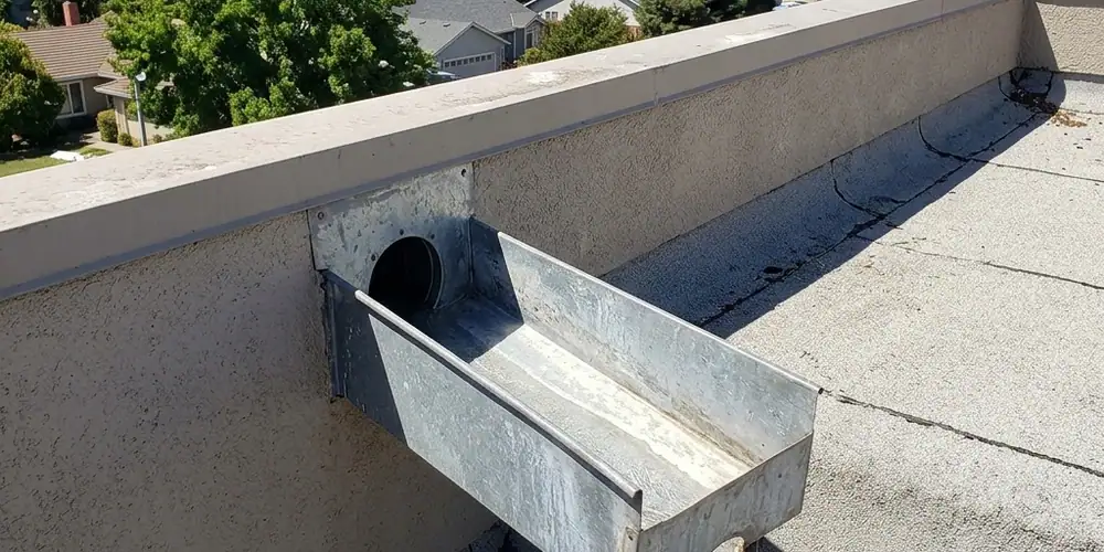 Rancho Cordova commercial roof drain cleared and draining freely after gutter cleaning Sacramento