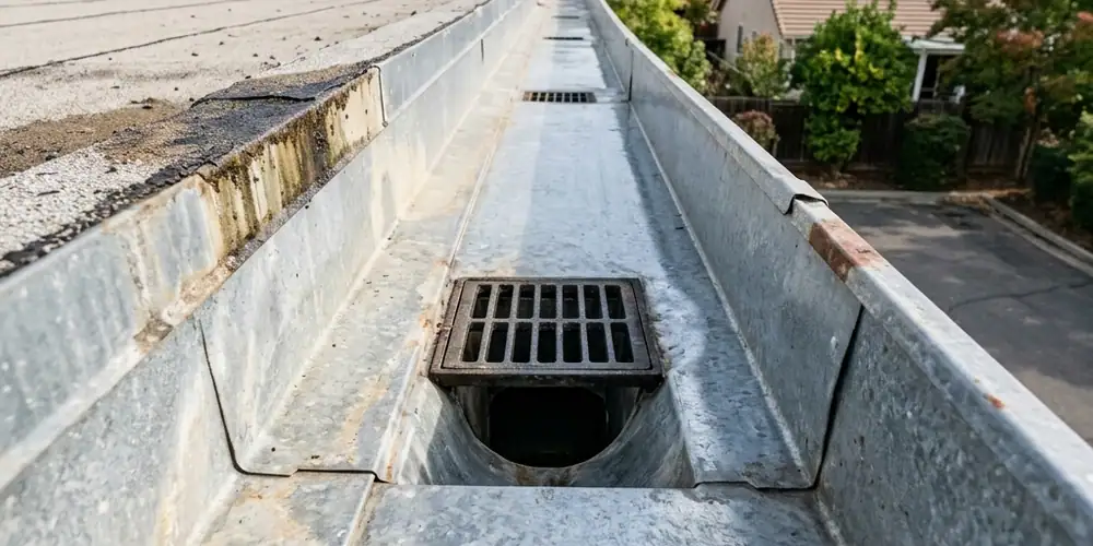 Commercial roof drain blocked with debris in Rancho Cordova before gutter cleaning Sacramento