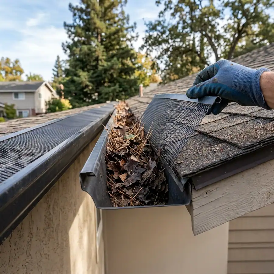 Gutter guard lifted to reveal debris in the trough underneath