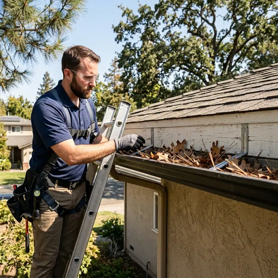 Technician inspecting gutter hangers and fascia on a Sacramento home — residential gutter cleaning Sacramento