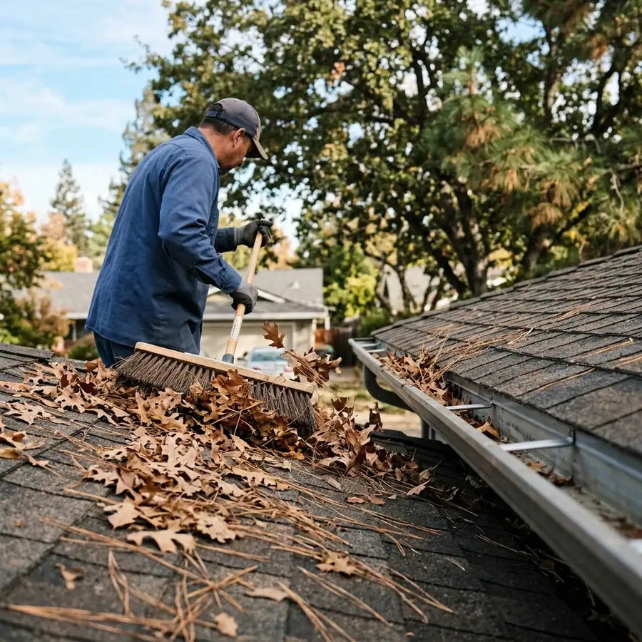 Loose leaves and needles being swept from a Sacramento roof surface