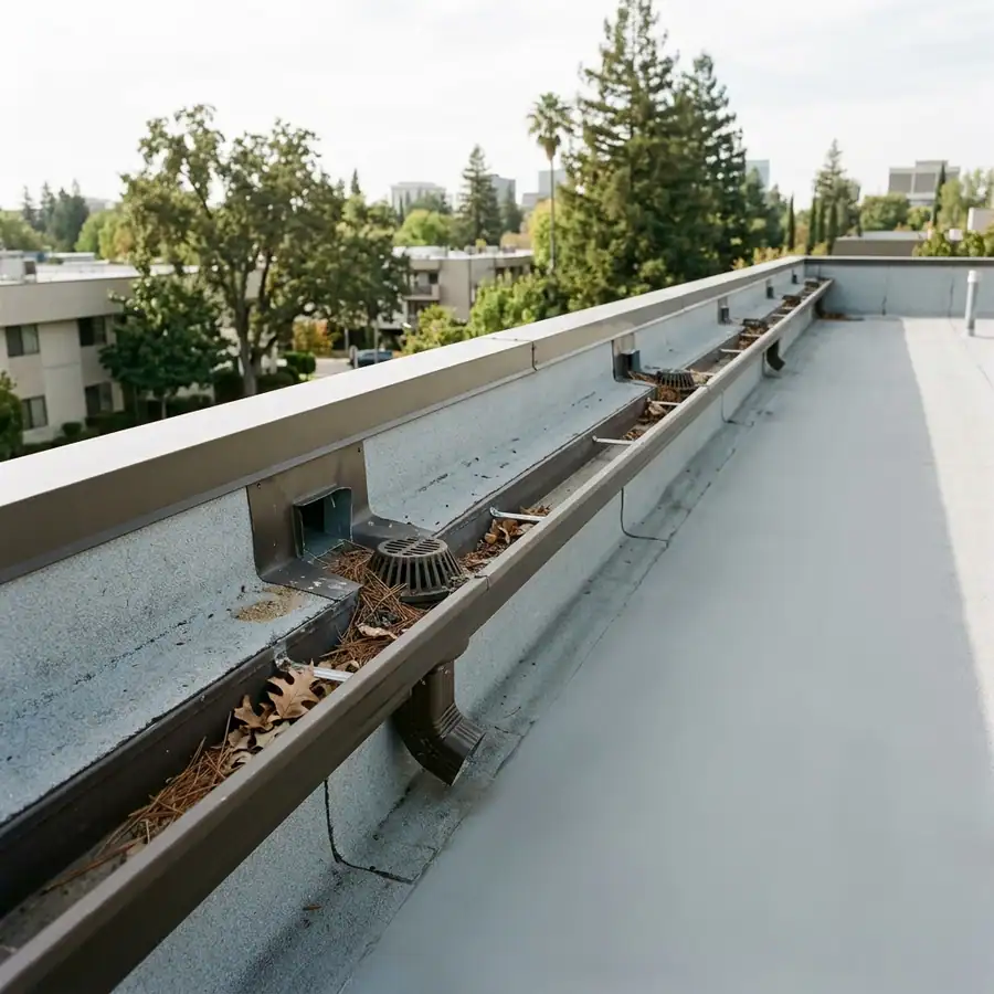 Commercial building roofline in Sacramento with internal roof drains and long gutter runs