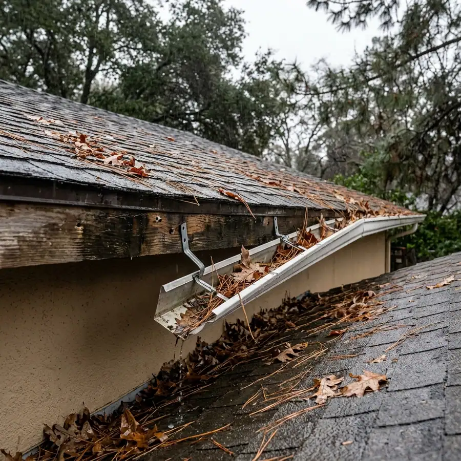 Gutter section pulled away from the fascia on a Sacramento home during a winter storm