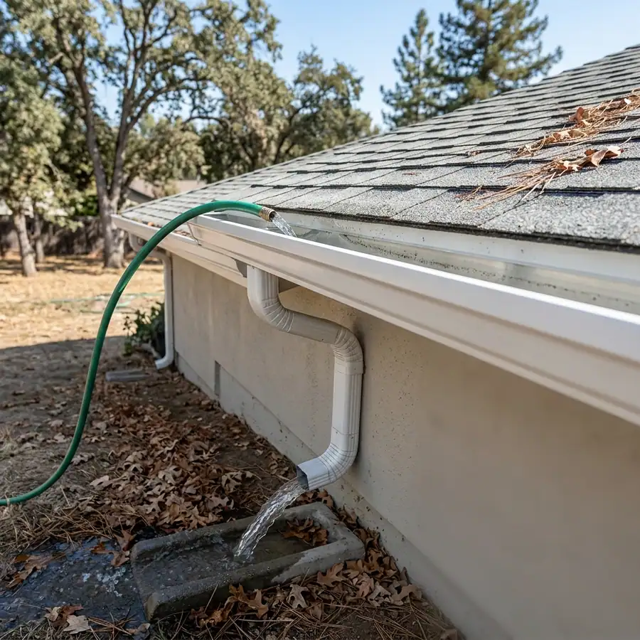 Downspout flow test confirming water actually drains after a Sacramento gutter cleaning