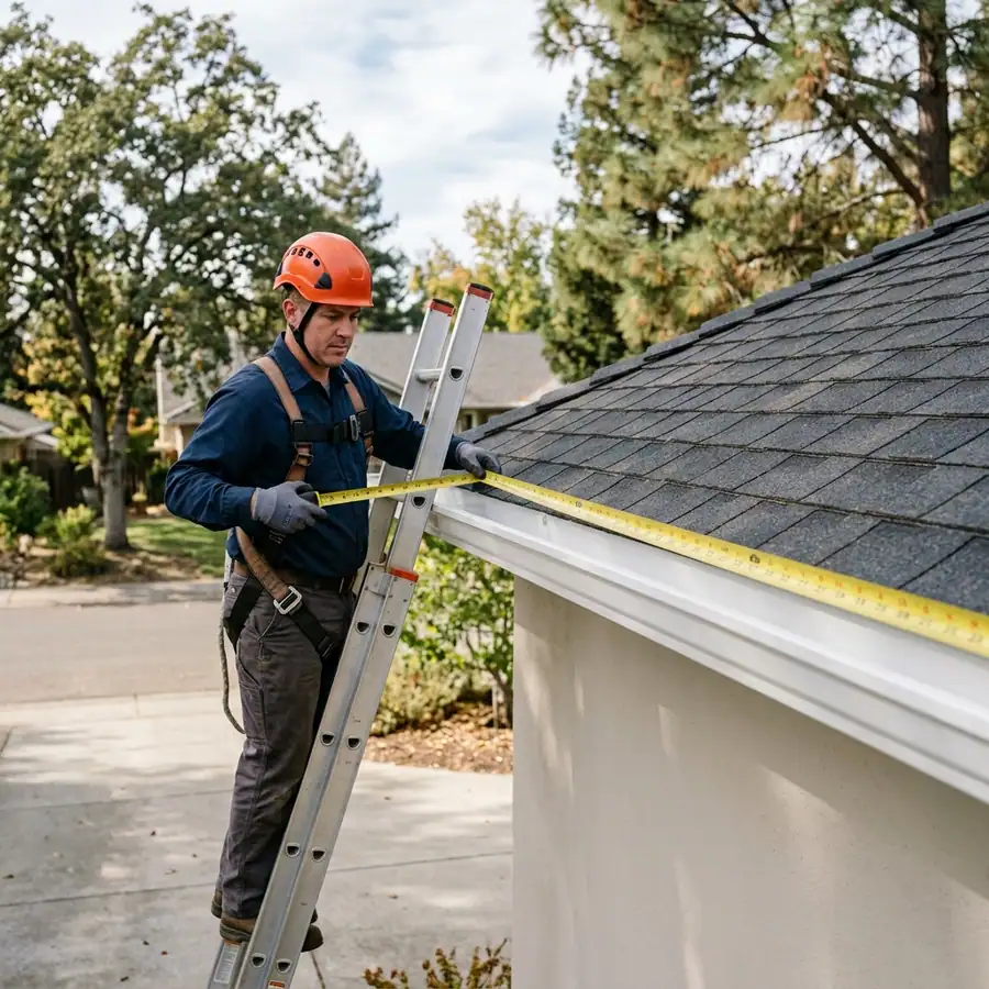 Technician measuring the linear footage of a Sacramento home's gutter run