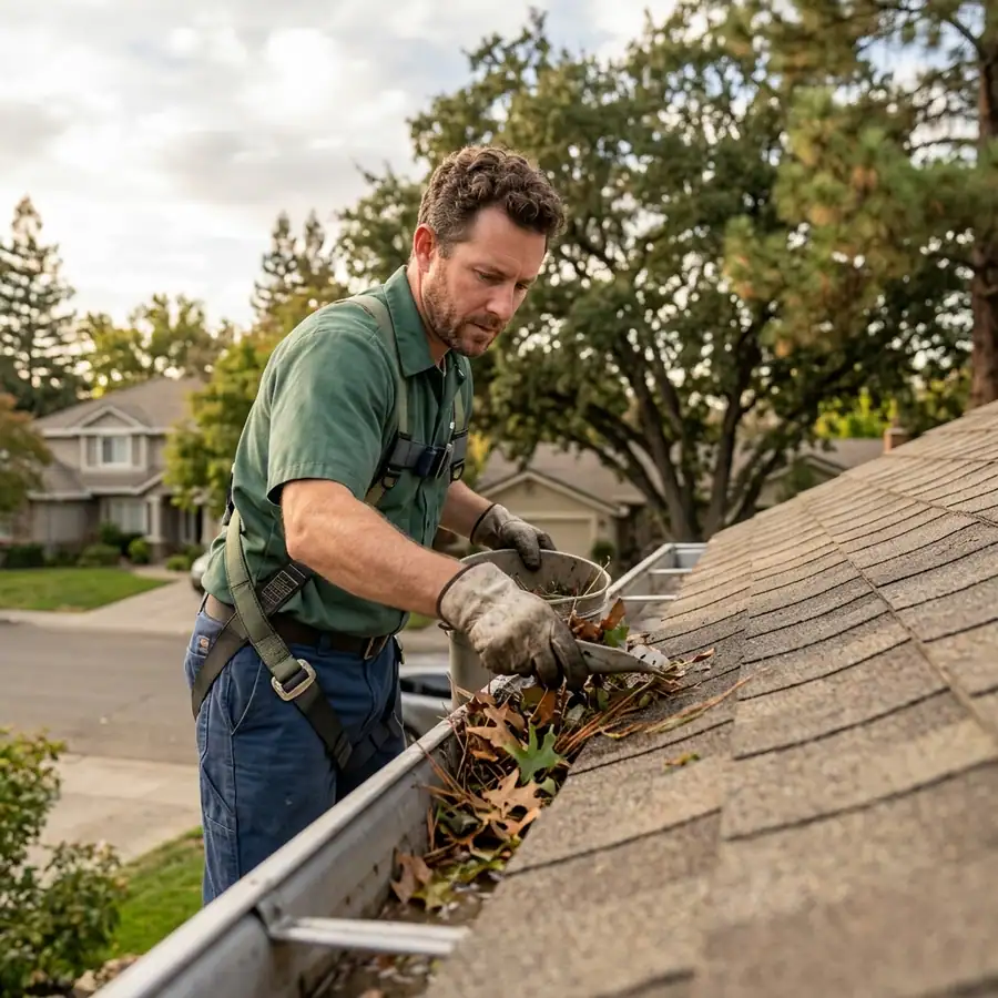 Sacramento gutter cleaning technician working on a residential roofline