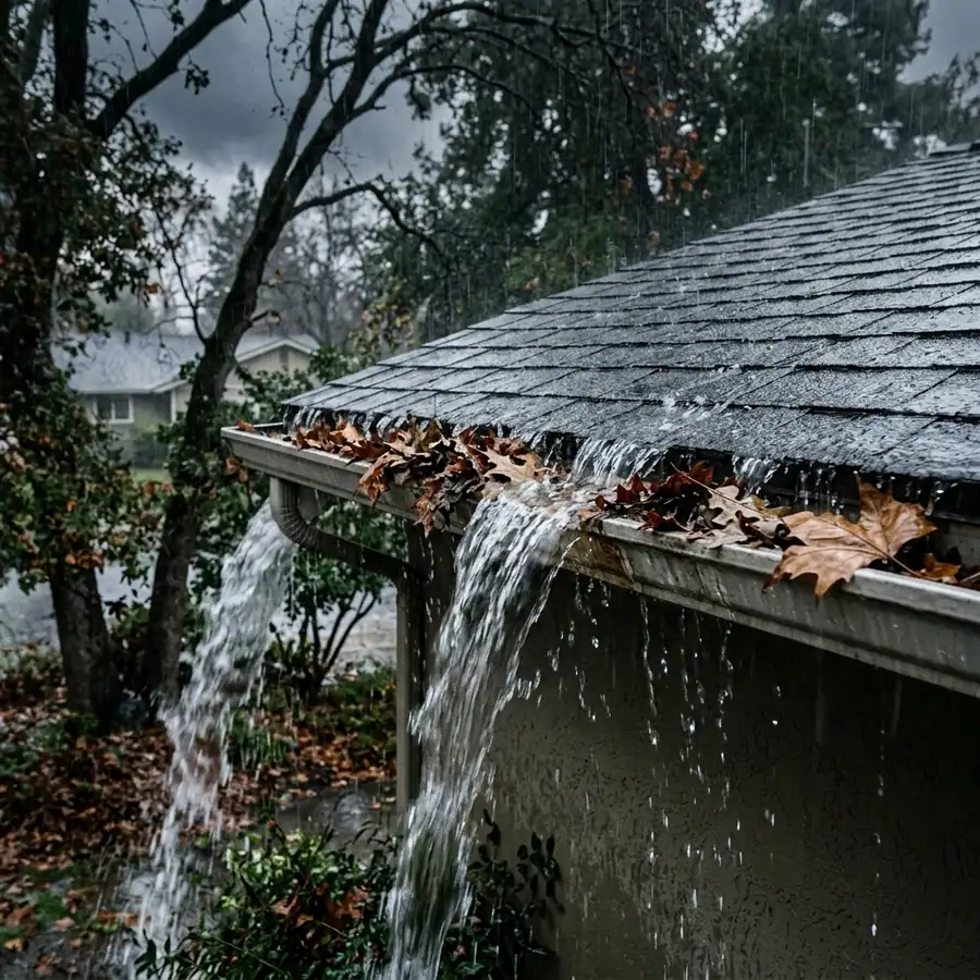 Home inspector checking gutter attachment and downspout discharge on a Sacramento property