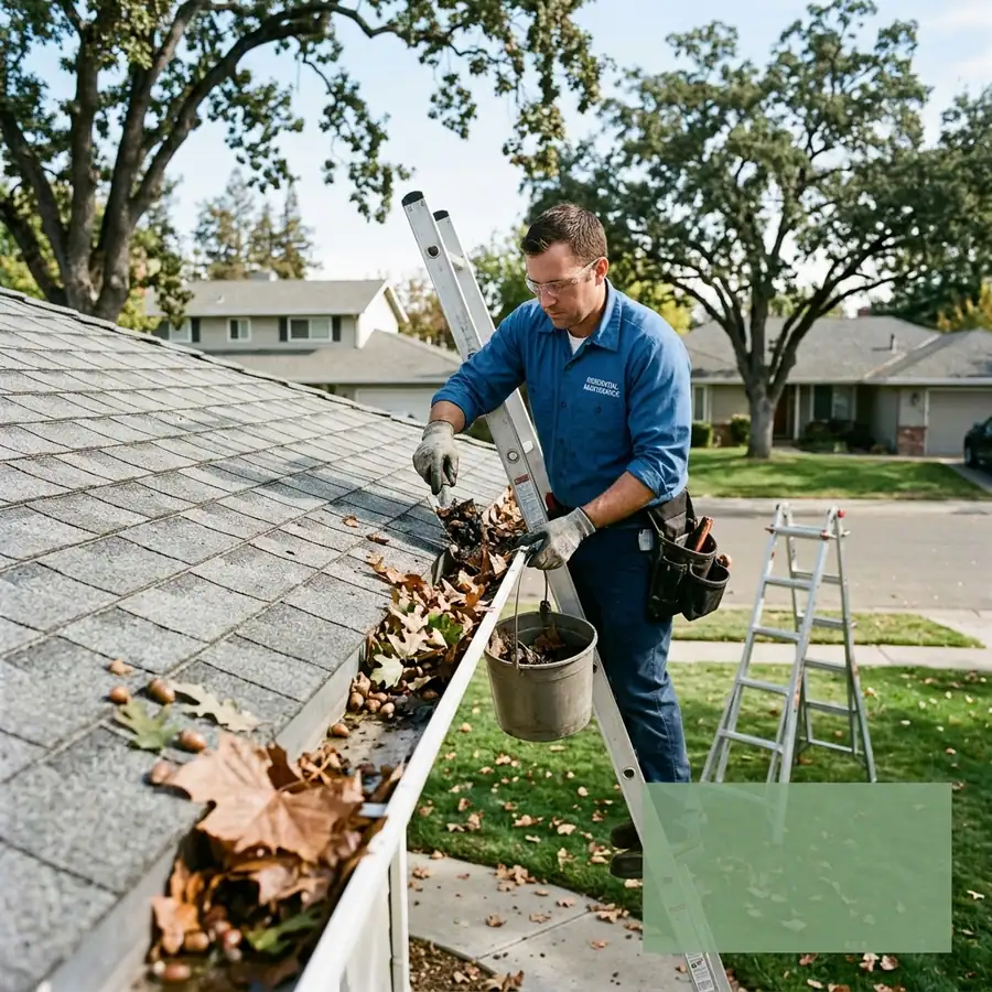 Technician on a scheduled recurring gutter maintenance visit at a Sacramento home — seasonal gutter maintenance guide Sacramento