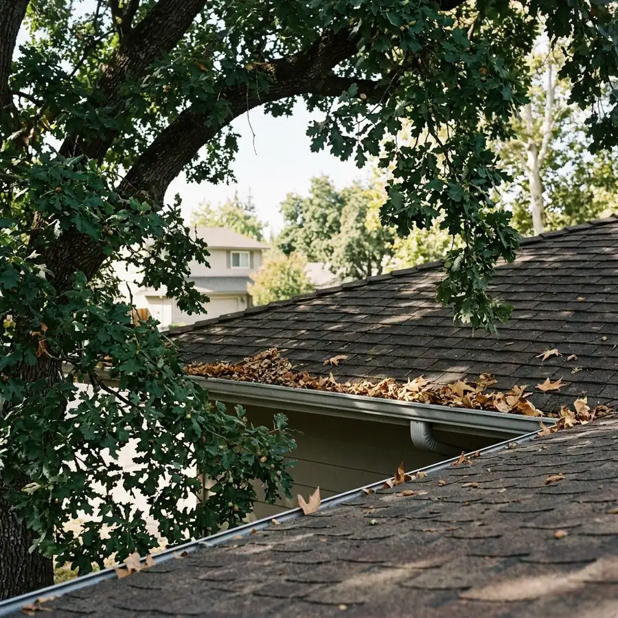 Mature valley oak canopy overhanging a Sacramento rooftop and gutter line — seasonal gutter maintenance guide Sacramento