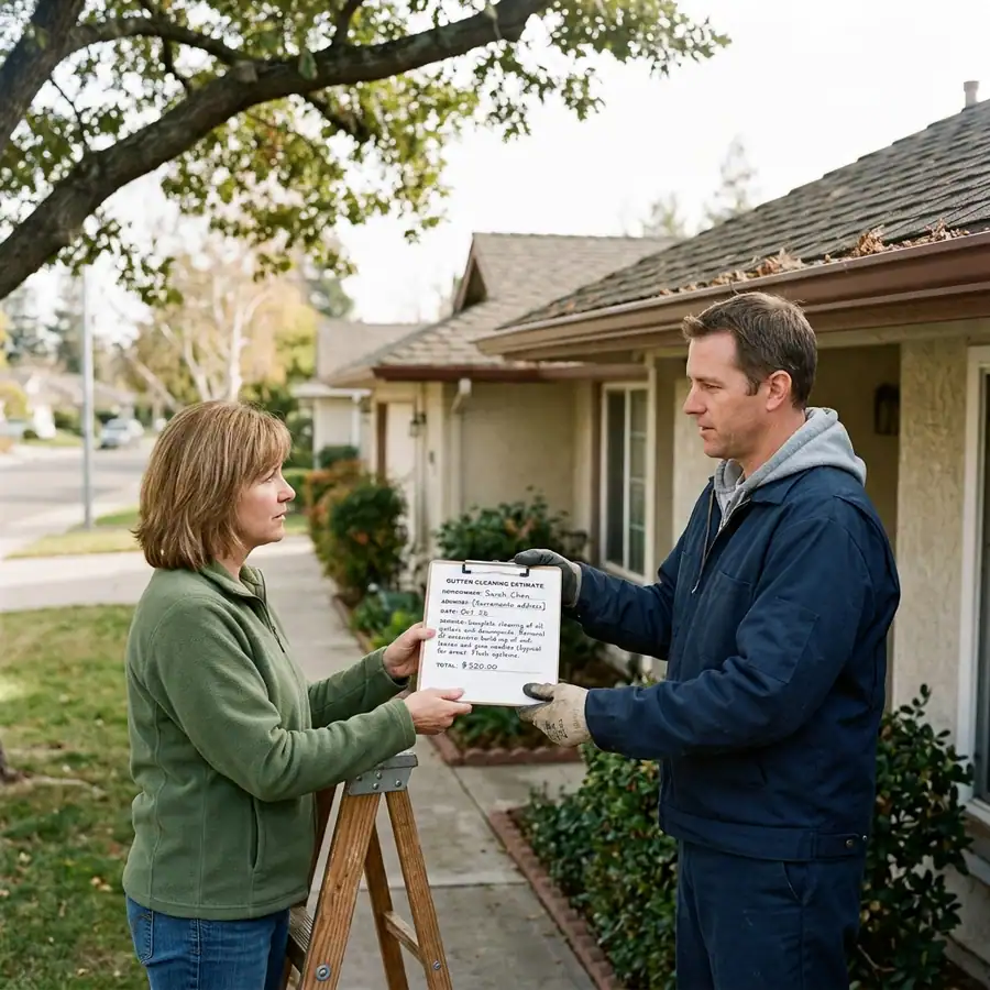 Written gutter cleaning estimate handed to a Sacramento homeowner before work begins