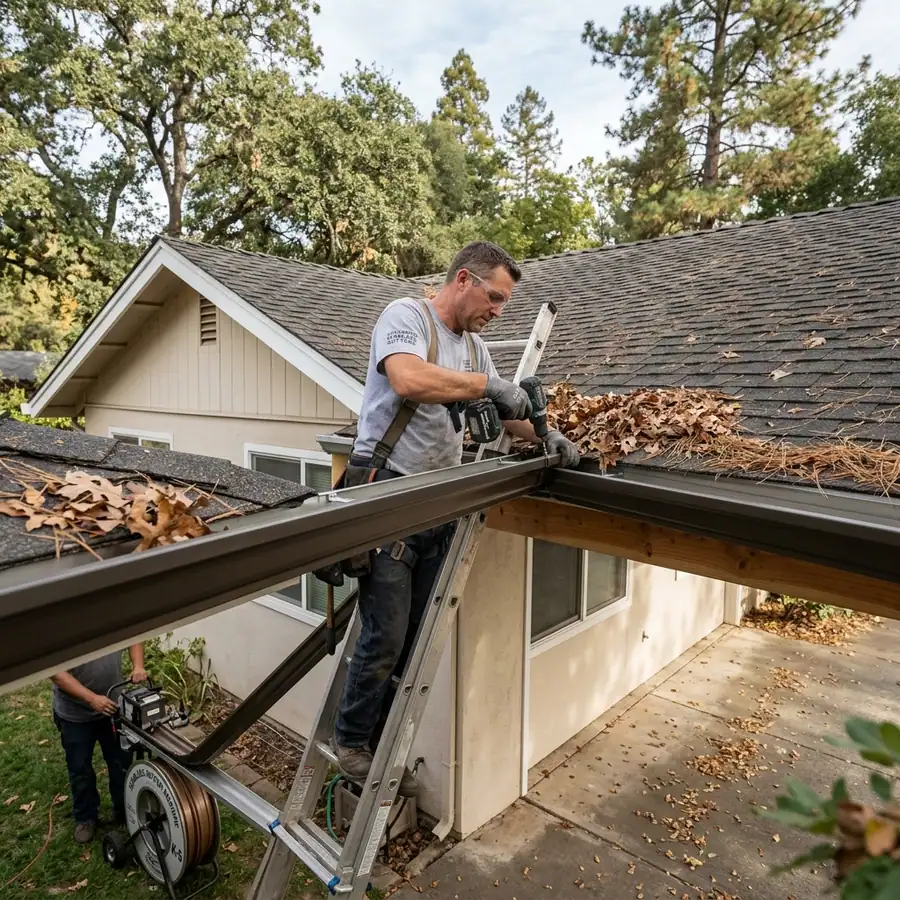Seamless gutter section being fabricated and fitted on a Sacramento home