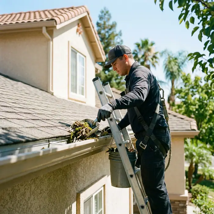 Commercial gutter cleaning on a Sacramento building