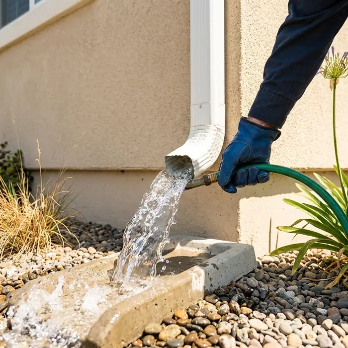Downspout being flushed and flow-tested — gutter cleaning Sacramento