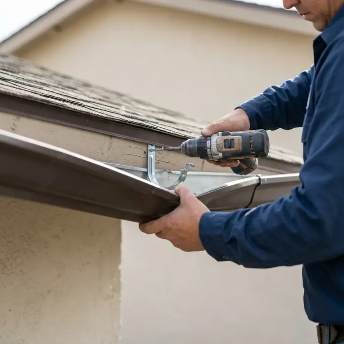Sagging gutter section being repaired